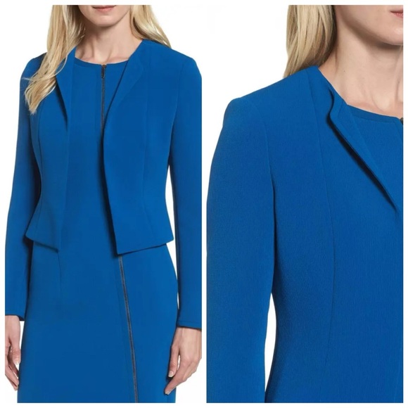 HUGO BOSS Blue Jerusa Textured Stretch Cropped Suit Blazer Jacket US 10 - Picture 2 of 11